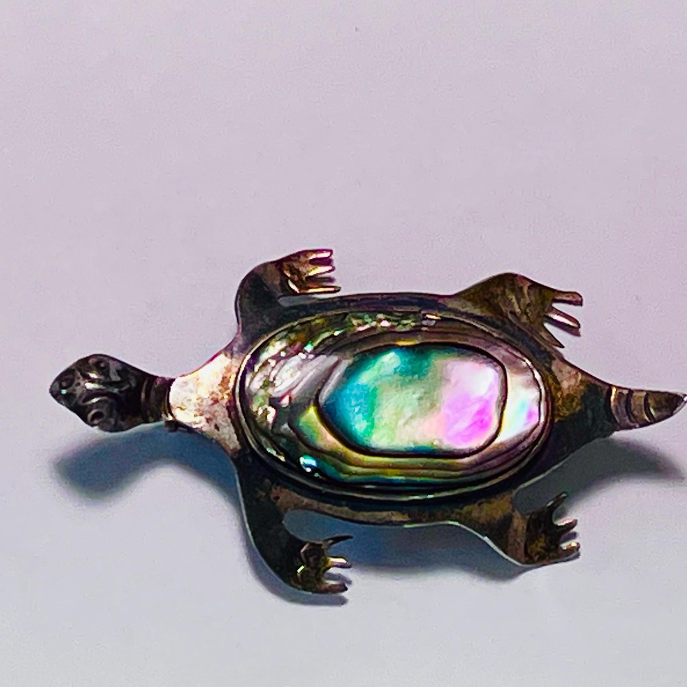 Vintage Taxco Mexico Eagle 3 Sterling Silver Abalone Turtle Brooch Pin 925